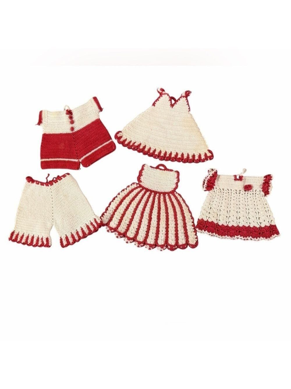 Lot of 5 Vintage Hand Crocheted Potholders Hot Pads 1950’s Red Cream